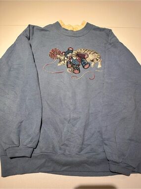 Men's Blue Crewneck Sweatshirt with Embroidered Cat & Toy Accent